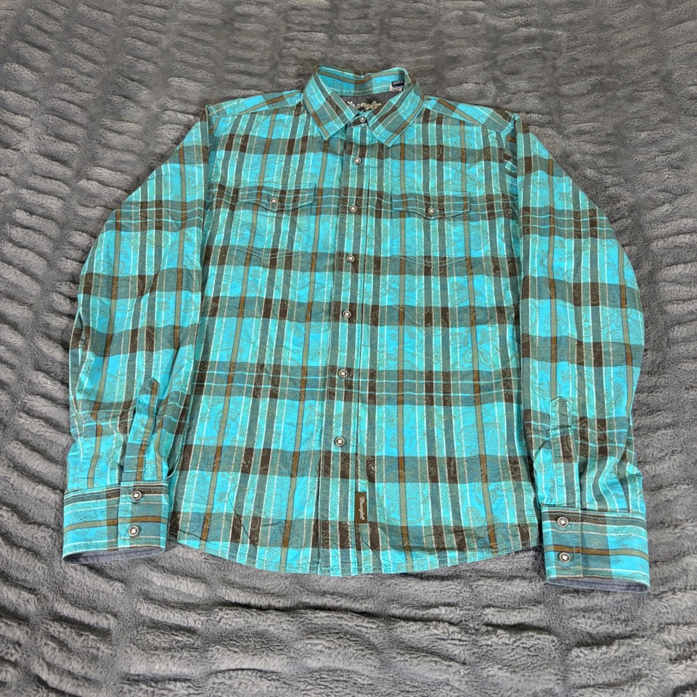 Wrangler Retro Premium Mens Turquoise Plaid Paisley Pearl Snap Shirt MVR599X L